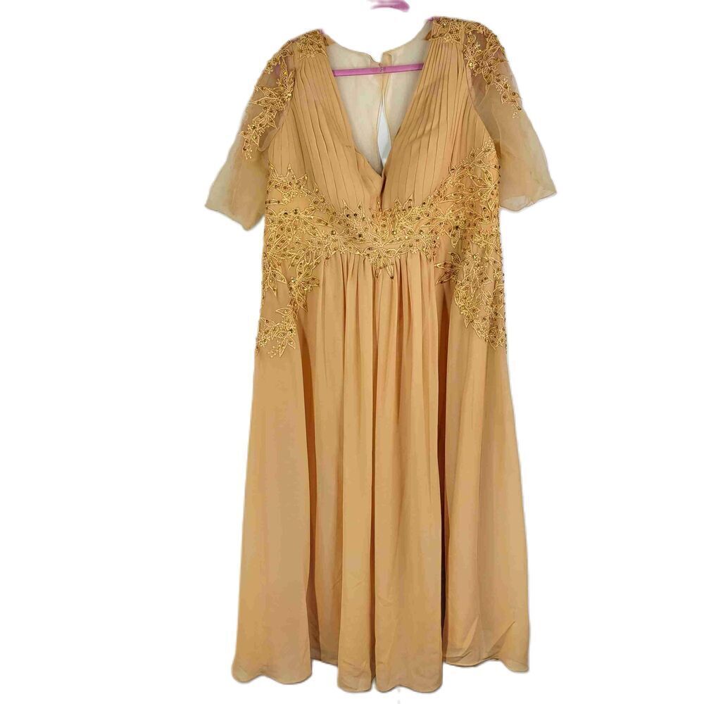 Jj's House Yellow Gold V-Neck Short Sleeve Embroidered Evening Gown Size 22w — image 2 of 8